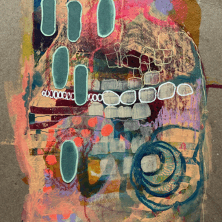 colorful mixed media artwork on upcycled cardboard titled Coming Home