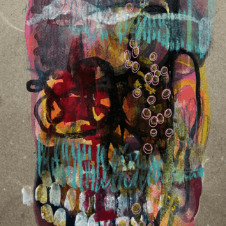 colorful mixed media artwork on upcycled cardboard titled Pay Your Taxes