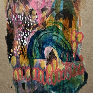 colorful mixed media artwork on upcycled cardboard titled Miss Frank