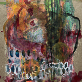 colorful mixed media artwork on upcycled cardboard titled Bubbles