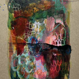 colorful mixed media artwork on upcycled cardboard titled Evergreen