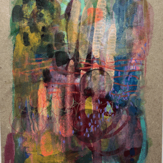 colorful mixed media artwork on upcycled cardboard titled Alegria