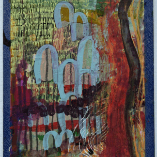 colorful mixed media artwork on a vintage book cover titled Alegria