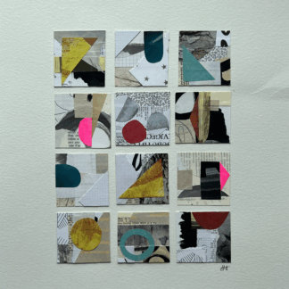 9 2x2 collage tiles mounted on an 11x17 paper titled Finding Warmth