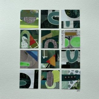 9 2x2 collage tiles mounted on an 11x17 paper titled Peace in the Chaos; Chaos in the Peace