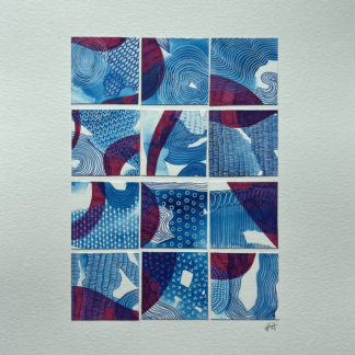 9 2x2 ink collage tiles mounted on an 11x17 paper titled Plum Tree