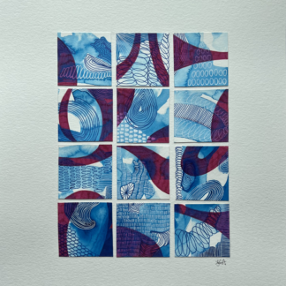 9 2x2 ink collage tiles mounted on an 11x17 paper titled Lobos Marinos