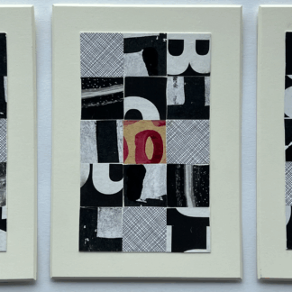 Triptych featuring three black and white collages in a grid pattern with one pop of color titled Maintaining Joy.