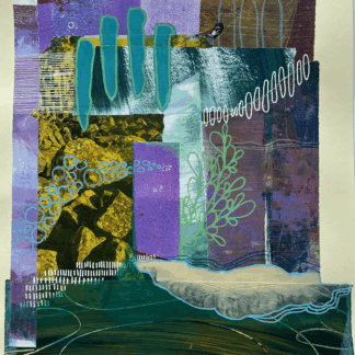 a collage of deep blue and light purple paper with mixed media marks layered on top titled Deep Quiet Joy.