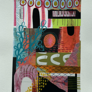 a collage of black and colorful paper with mixed media marks layered on top titled Comfort in Contrast.