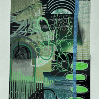 a collage of black and green paper with mixed media marks layered on top titled Nostalgic Hopes